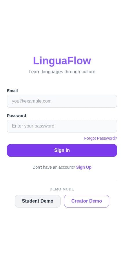 LinguaFlow home screen
